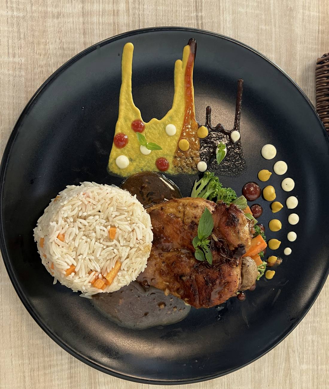 Duck: dry-aged duck · saffron rice · plum