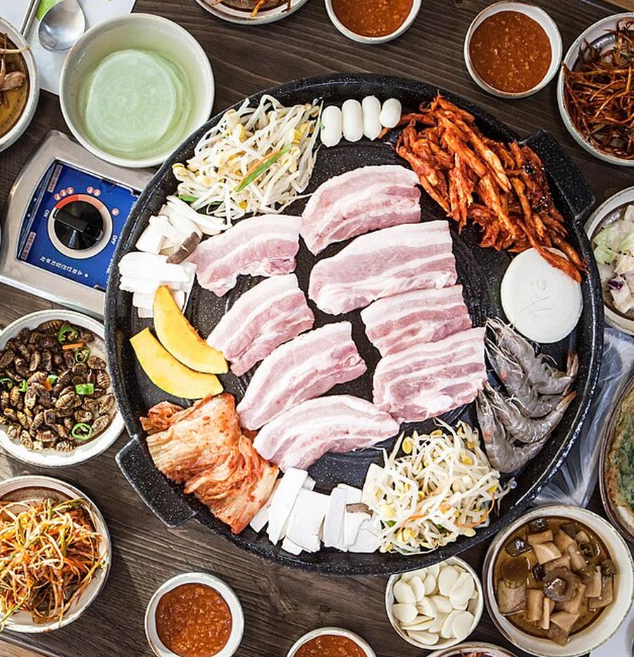 Crew kit: Pork belly, jowl, chadol, bulgogi, eight banchan and a volcano egg mix