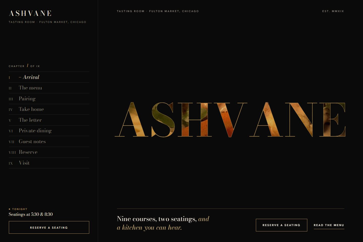 Ashvane restaurant website template: the restaurant name in gold serif capitals on black