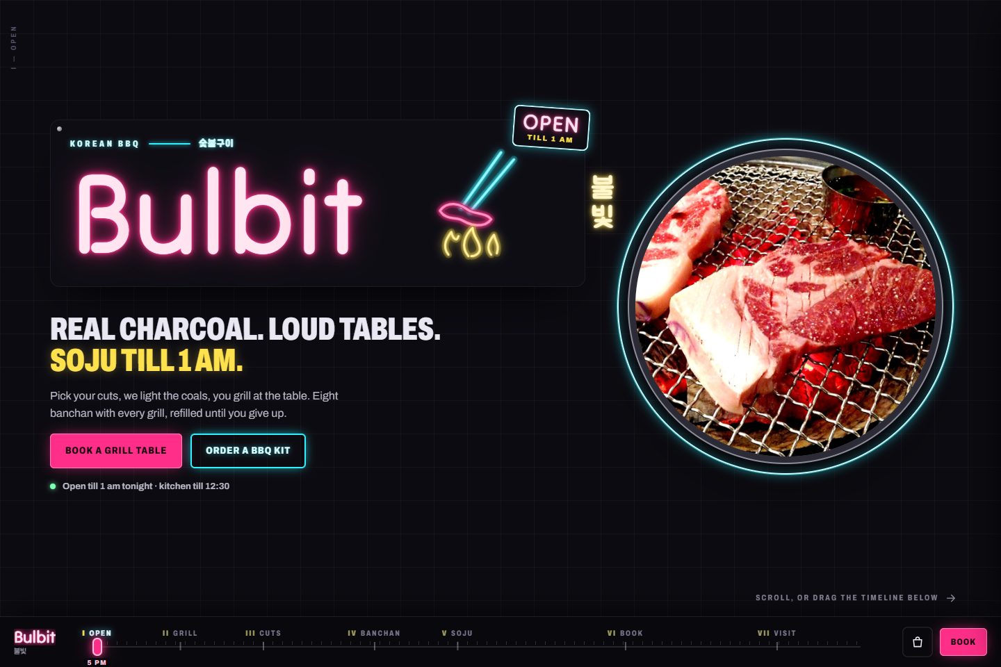 Bulbit restaurant website template: a neon sign glowing on a near-black background