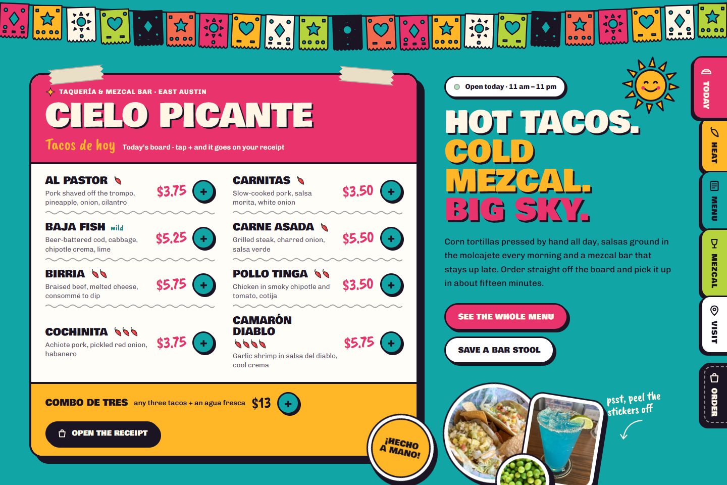 Cielo Picante restaurant website template: a bright pink and turquoise taco menu board