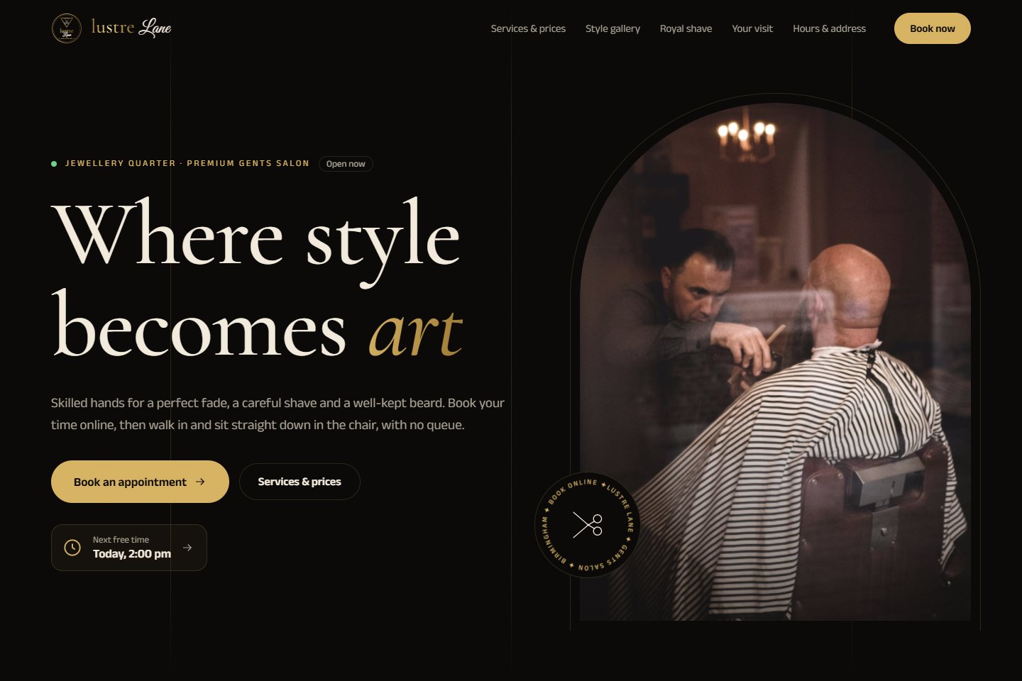 Lustre Lane · Gents salon website design by Qudexa