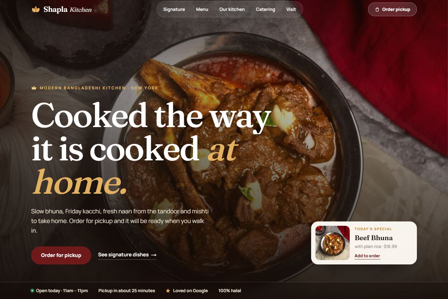 Shapla Kitchen restaurant website template: a warm, editorial home page with a full-bleed food photo
