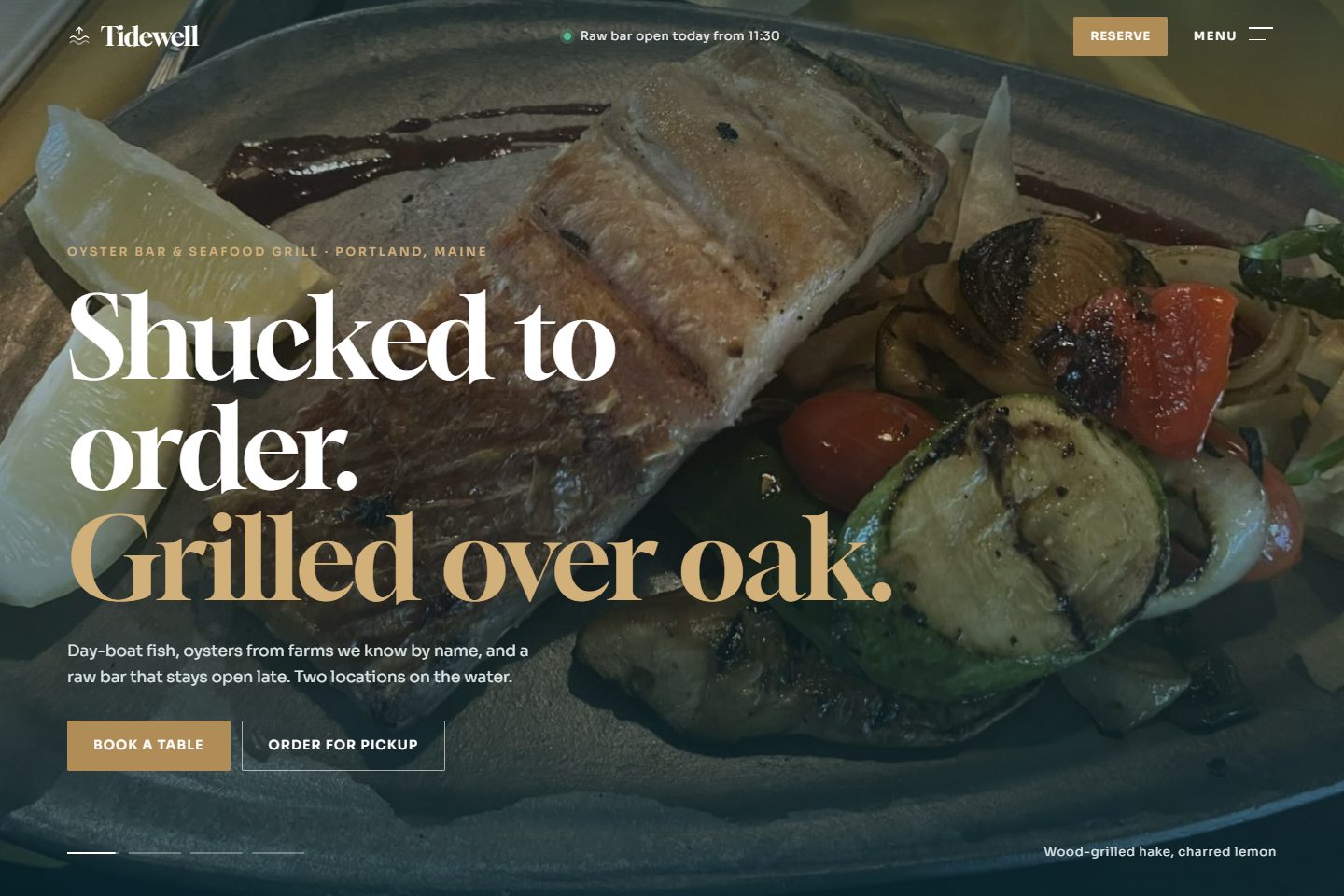 Tidewell restaurant website template: a crisp white coastal design with a seafood slideshow
