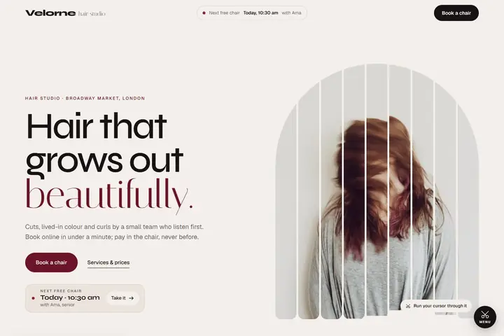 Velorne Hair Studio, Qudexa의 살롱 웹사이트 디자인