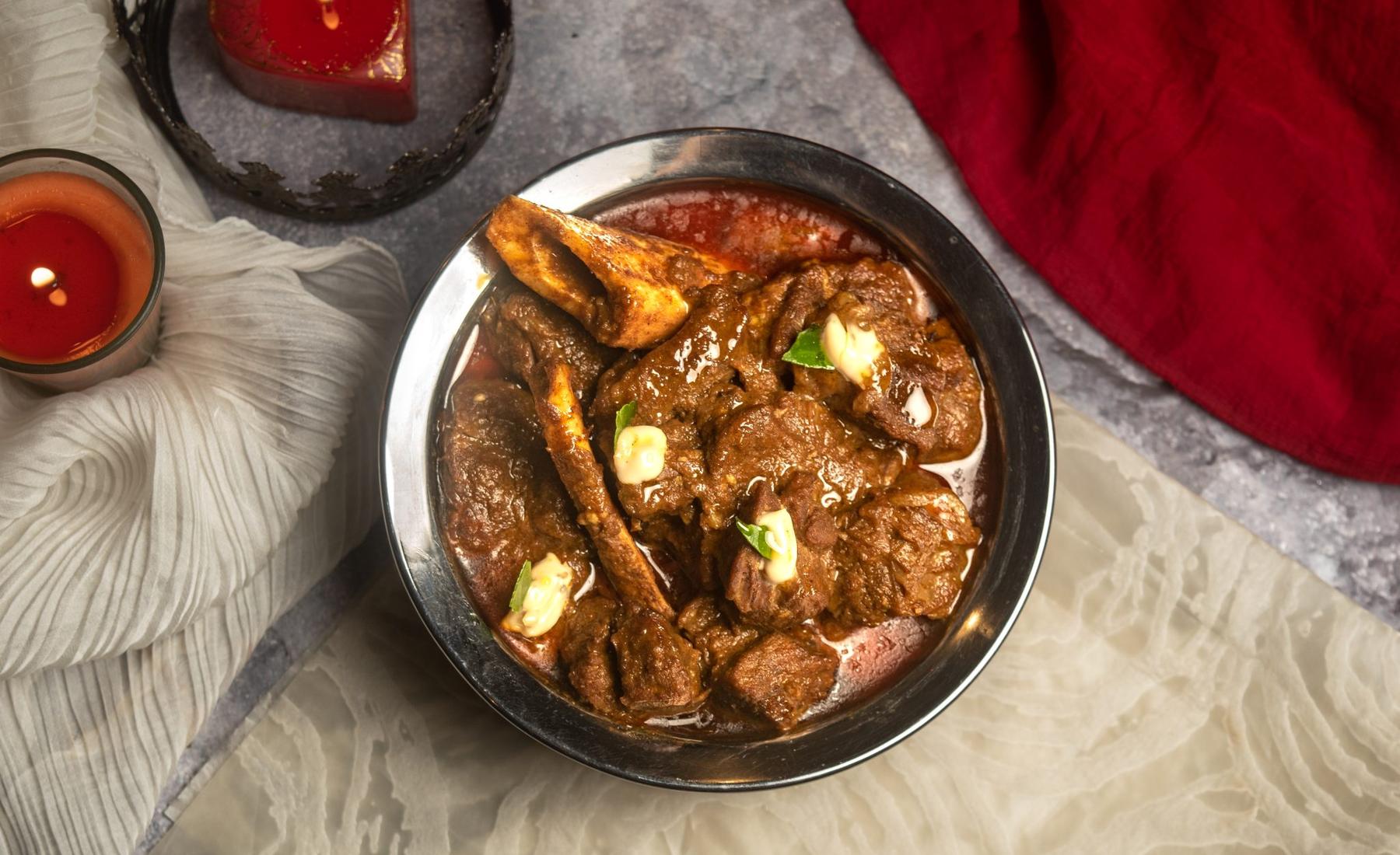 Beef bhuna in a steel bowl