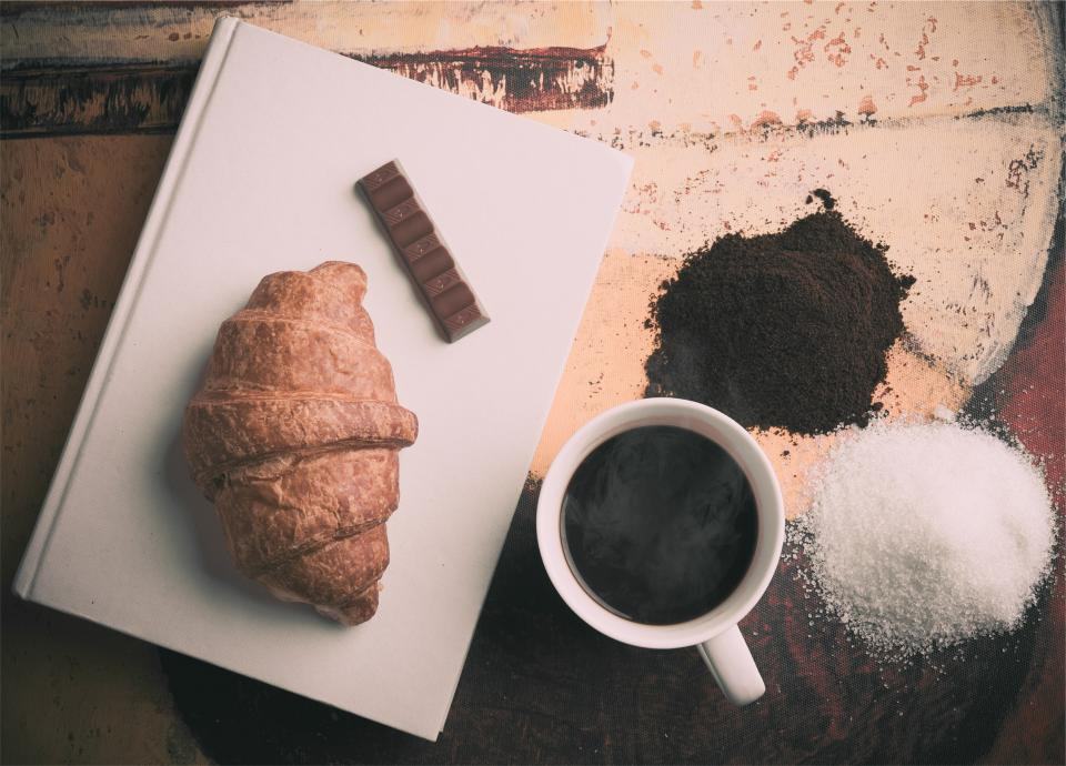 A croissant and coffee on the table