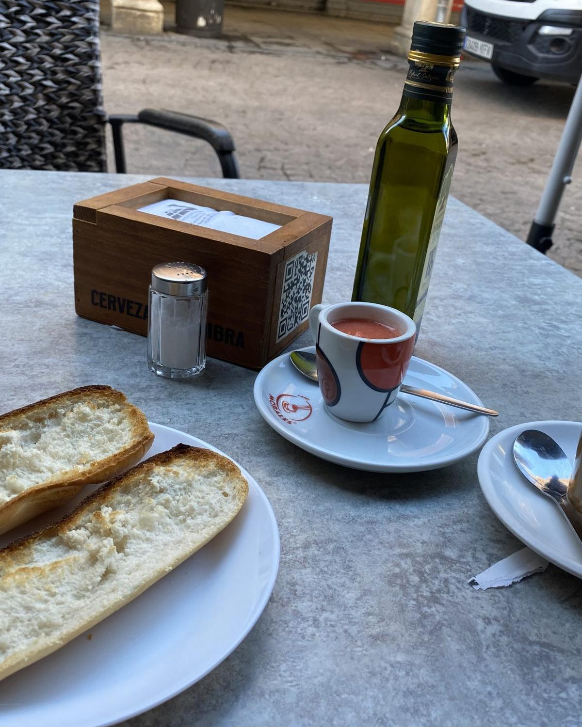 A table with coffee and bread
